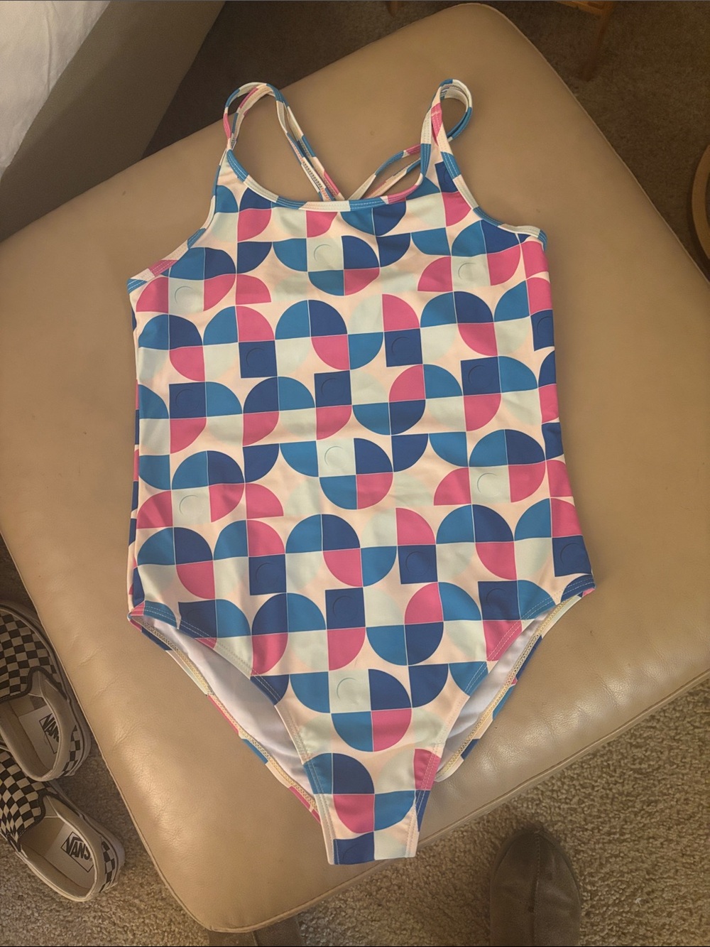 Lego Kids One-Piece Swimsuit in Blue, Pink & White Geometric Print